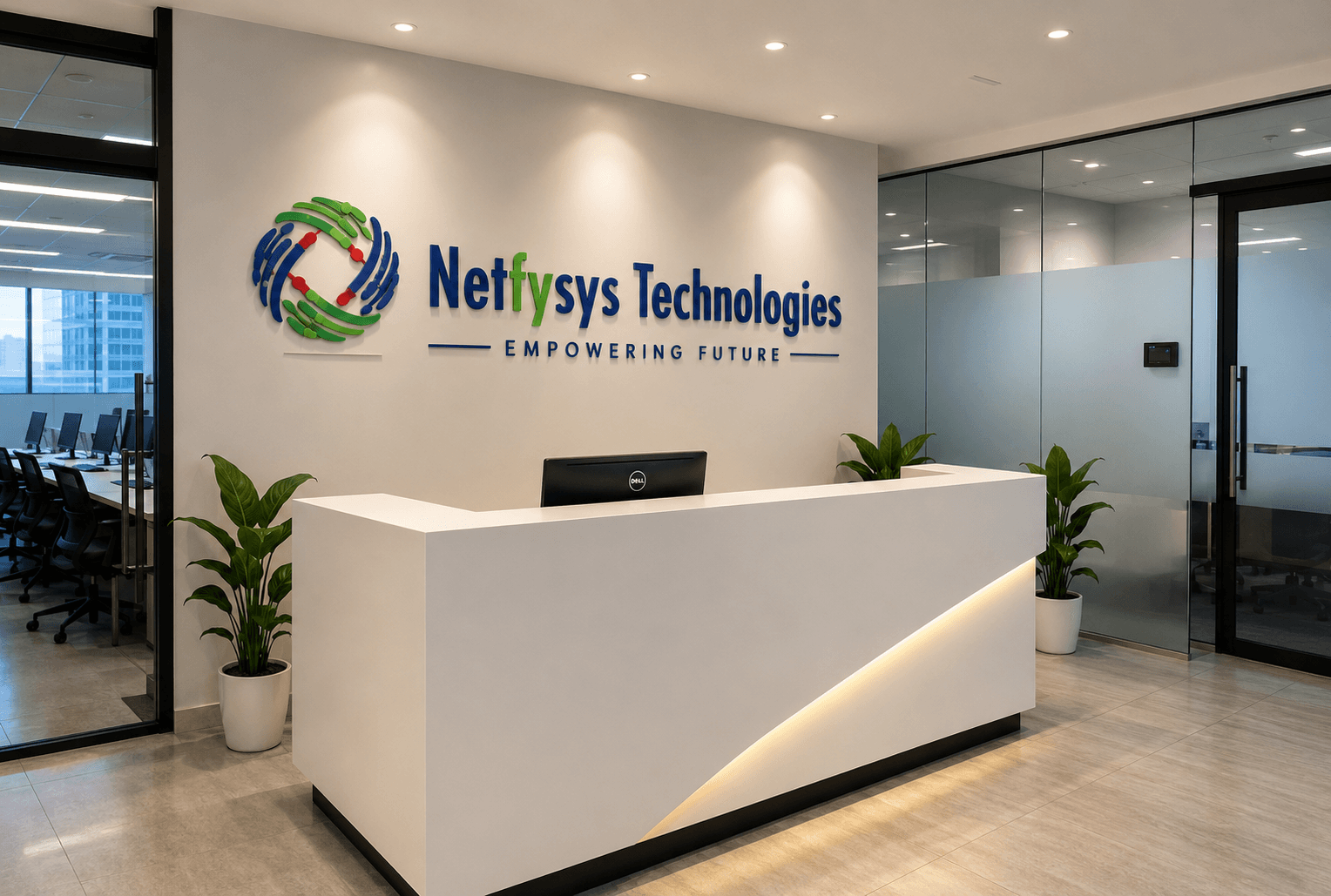 The Netfysys Technologies reception, with the company logo and Empowering Future tagline mounted on the wall